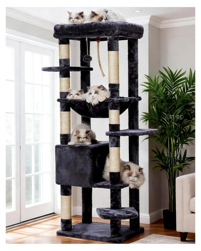 Kratzbaum mit Decken für große Katzen, Katzenbaum mit großen Plattformen und Höhle, 50 x 50 x 153 cm, Rauchgrau