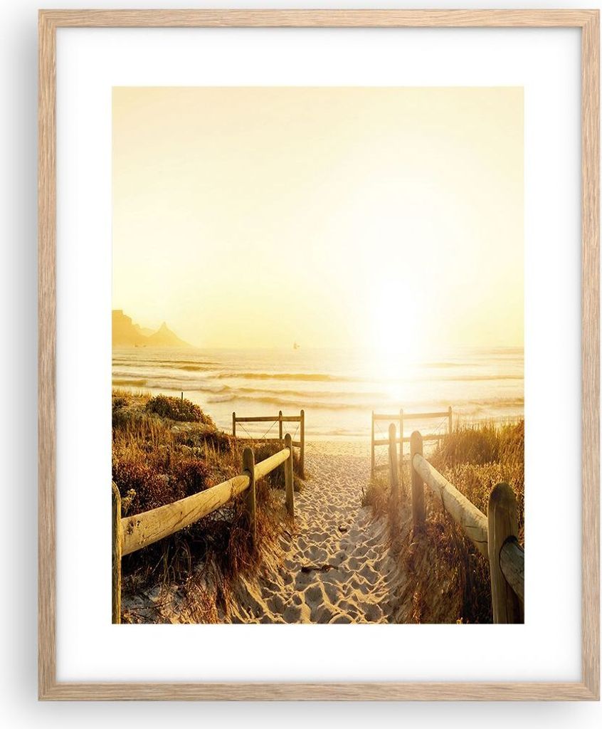 Gerahmtes Poster - Rahmen in heller Eiche - Sonnenaufgang Welle Insel Meer - 40x50 cm - Wand Bild - Wanddeko - Wandbilder - Wandposter - Bilderrahm...