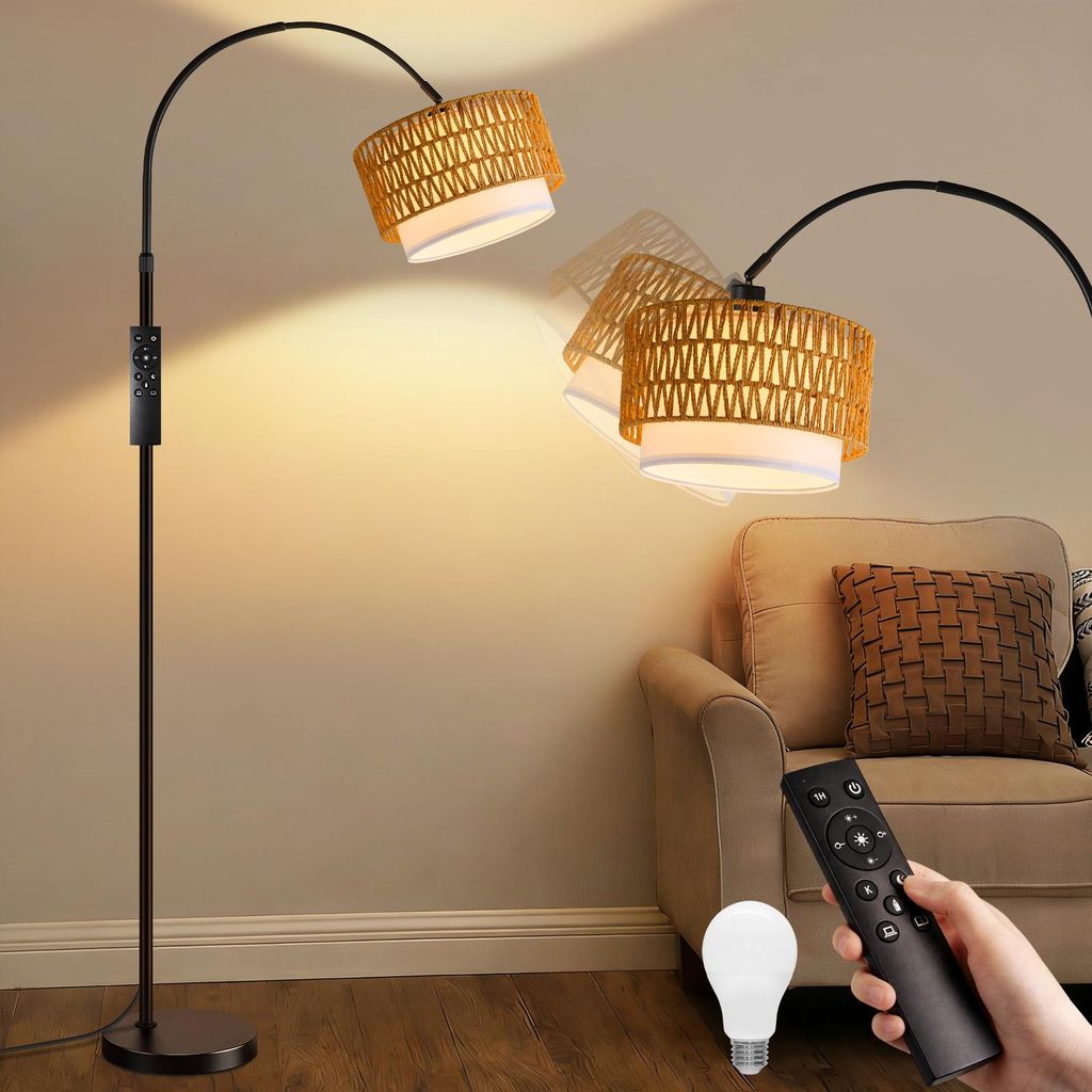 ZMH LED Lampadaire Boho Rotin Lampe de lecture en arc Image du produit 