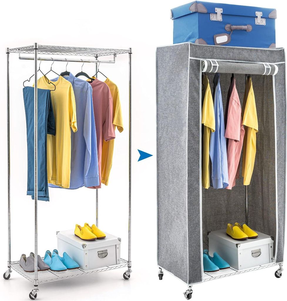 A comparison of a metal garment rack with clothes and shoes, and a fabric wardrobe with clothes and shoes, suggesting a transformation or upgrade.