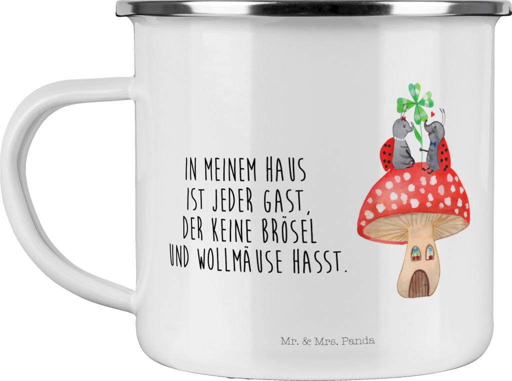 Mr. & Mrs. Panda Pott Marienkäfer Fliegenpilz - Weiß - Geschenk, Teetasse, Emaille Tasse, Fleigenpilzhaus, Zuhause, Lustige Sprüche, Wohnung, Ha...