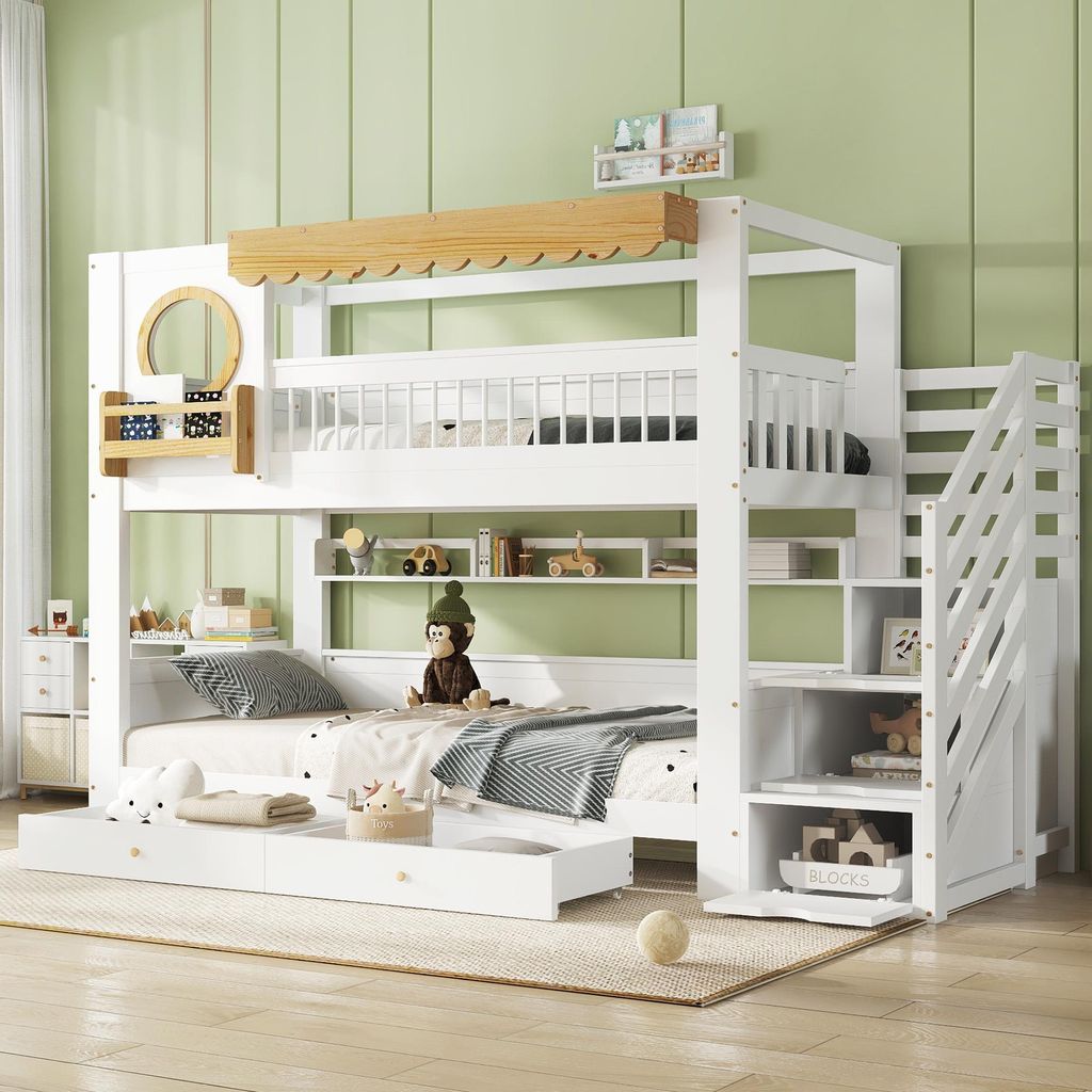 Flieks Kinderbett Hausbett 90x200cm mit Regal, Etagenbett mit Schubladen, Kinder Hochbett mit Stauraumtreppe und Rausfallschutz, Weiß