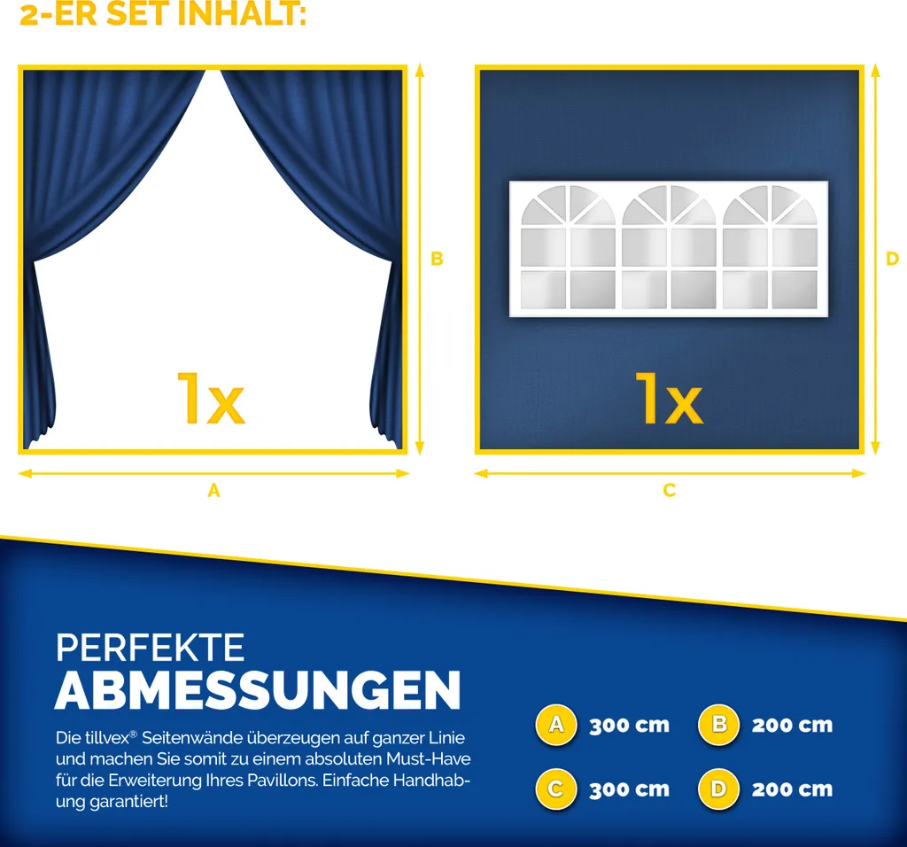 tillvex Pannelli Laterali Gazebo 3x3 Blu | Kit 2 Pezzi Finestra e Zip - 6