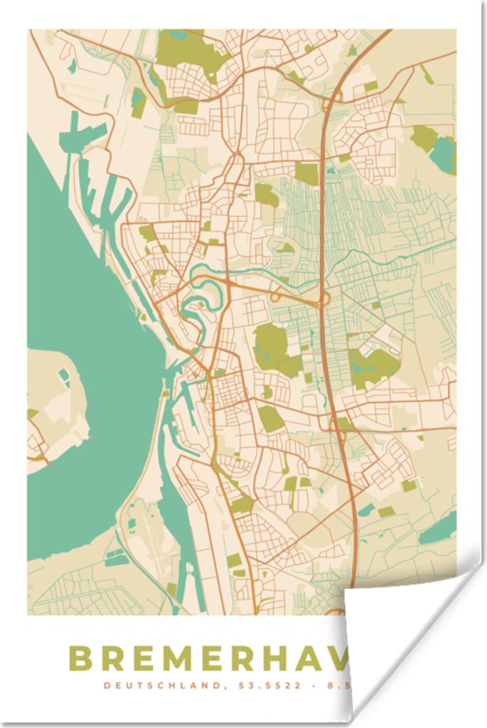 MuchoWow Poster Bremerhaven - Karte - Vintage - Stadtplan 60x90 cm - Wanddekoration