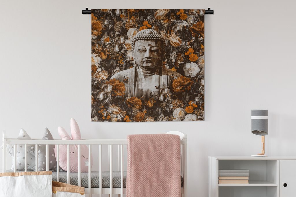 MuchoWow Wandteppich Wandbehang Buddha - Steine - Orange 90x90 cm Tapisserie Dekoration Wandtuch - Wandaufhänger