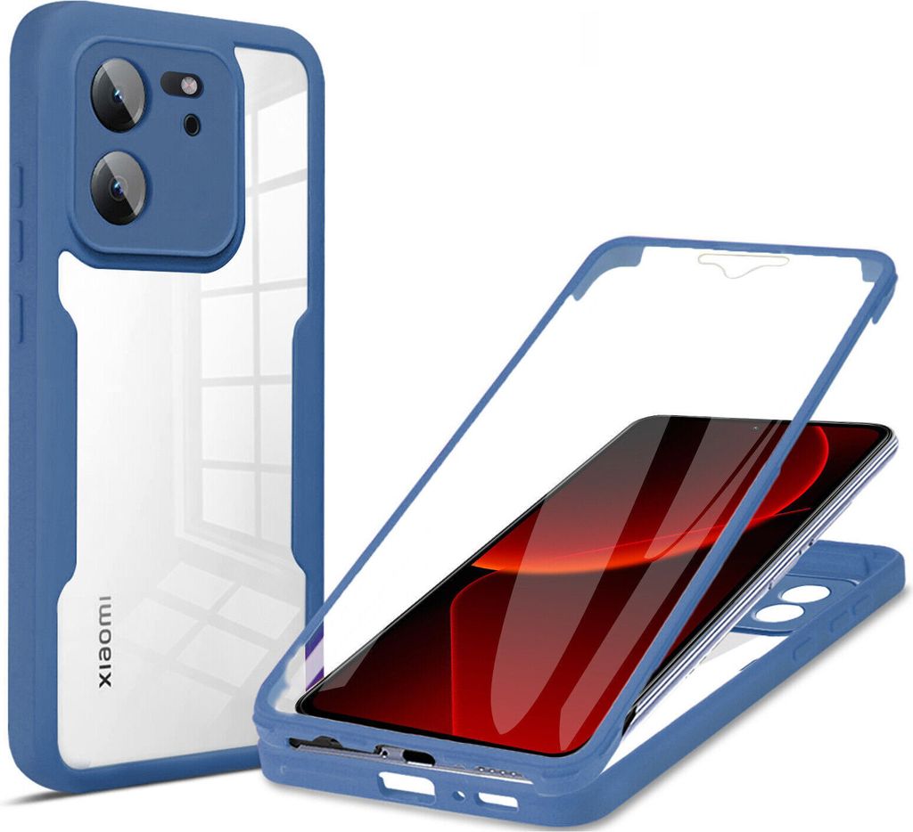 A blue and transparent phone case is shown, with a phone inside the case in the second image.
