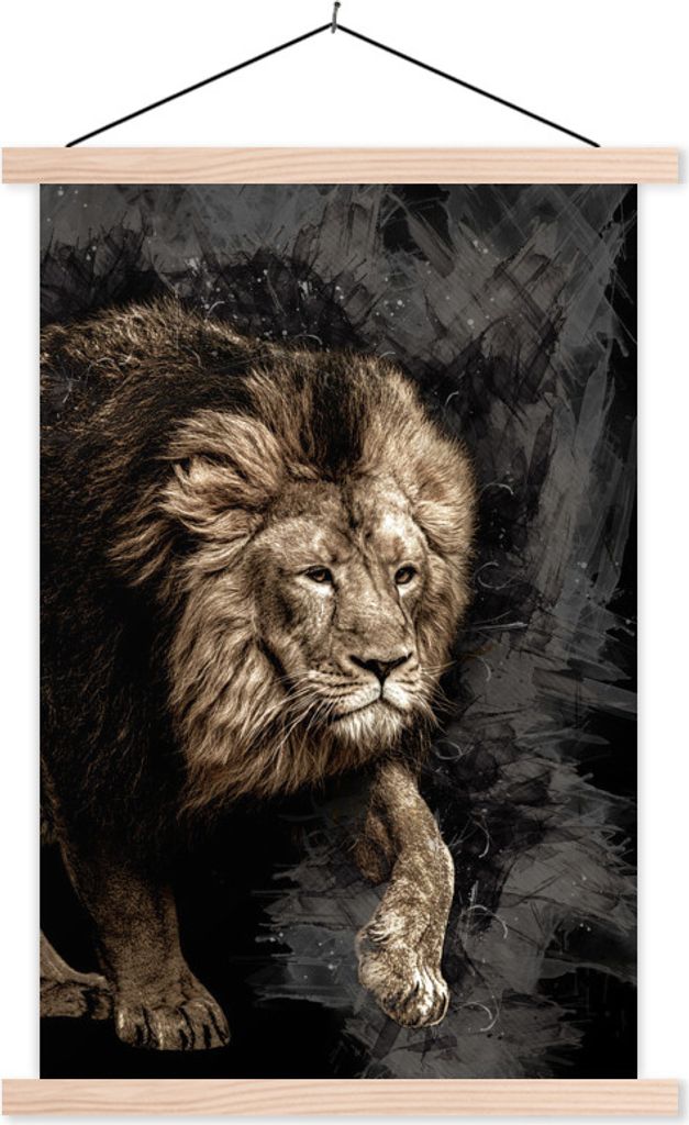 MuchoWow Textilposter Abstrakt - Löwe - Schwarz 40x60 cm mit holzfarbenen Rahmen - Poster