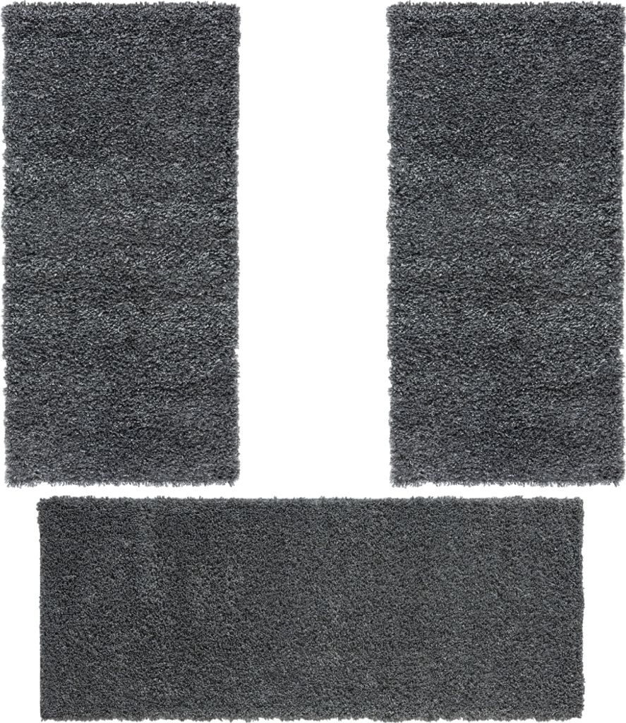 MY-RUG Shaggy Star Bettumrandung Hochflor 3 teilig, Läufer, Schlafzimmer, grau, 200x80