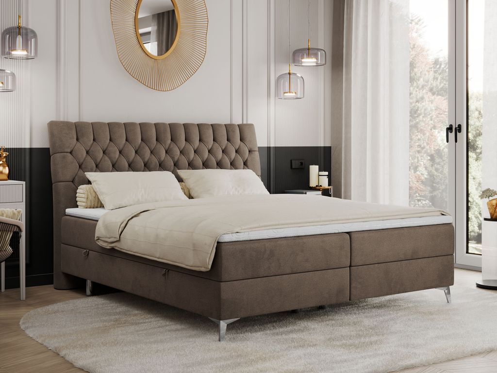 Boxspringbett 180x200 mit 2 Bettkästen Matratze und Topper, Polsterbett 180x200, Bett 180x200 - MILEN - 180x200 cm - Braun - Velvet - H3