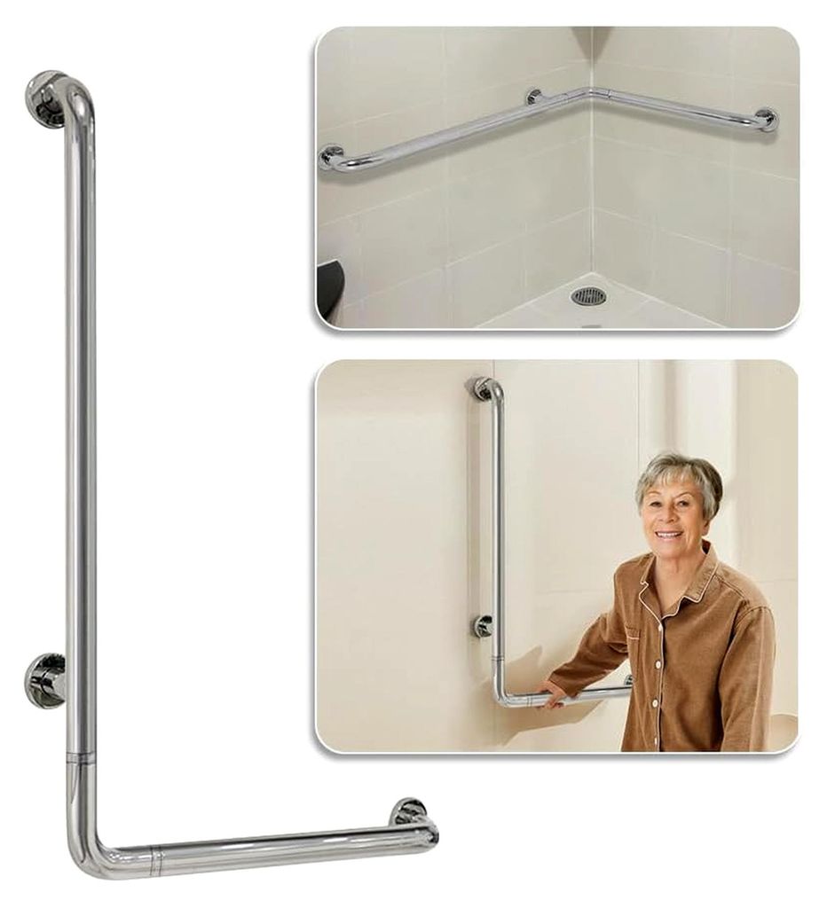 Dusch-Haltegriff für Senioren, Sicherheits-Haltegriff, L-förmiger Badezimmer-Handlauf, Wandmontage, 61 x 91,4 cm, Edelstahl, Gebürstet, Silber