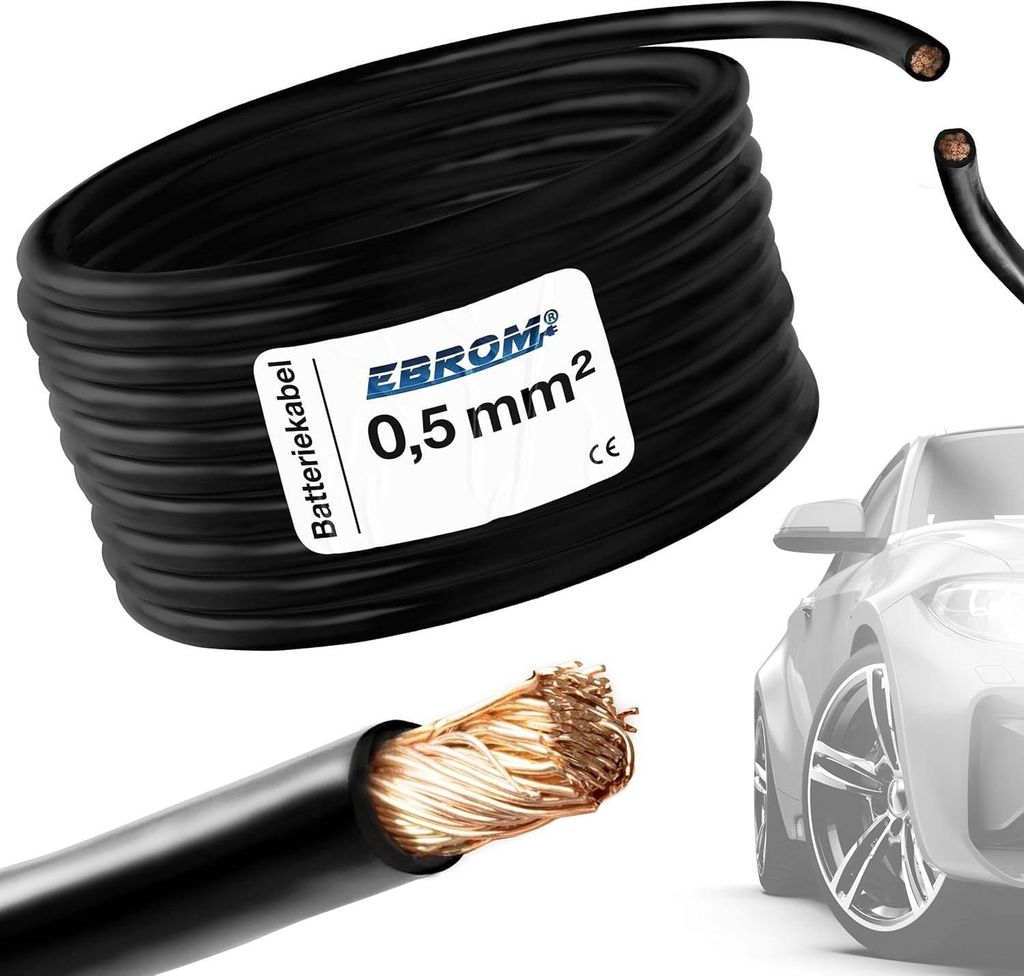 5 Meter EBROM FLRY 0,5mm2 Fahrzeugleitung - KFZ Leitung - Farbe: schwarz - Querschnitt 0,5 mm² (mm2) flexibel 90 ± 5 Shore 99,99% Kupfer Mantel P...