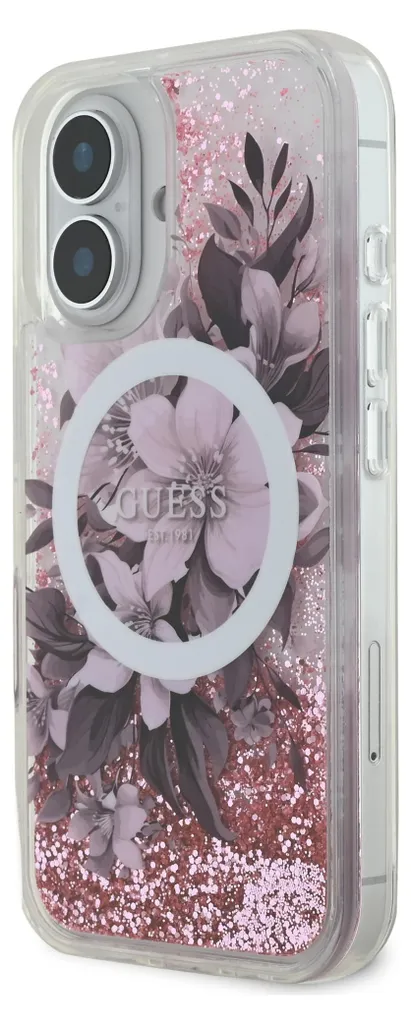 Custodia Guess Liquid Glitter Flower per iPhone 16 Rosa MagSafe - 2