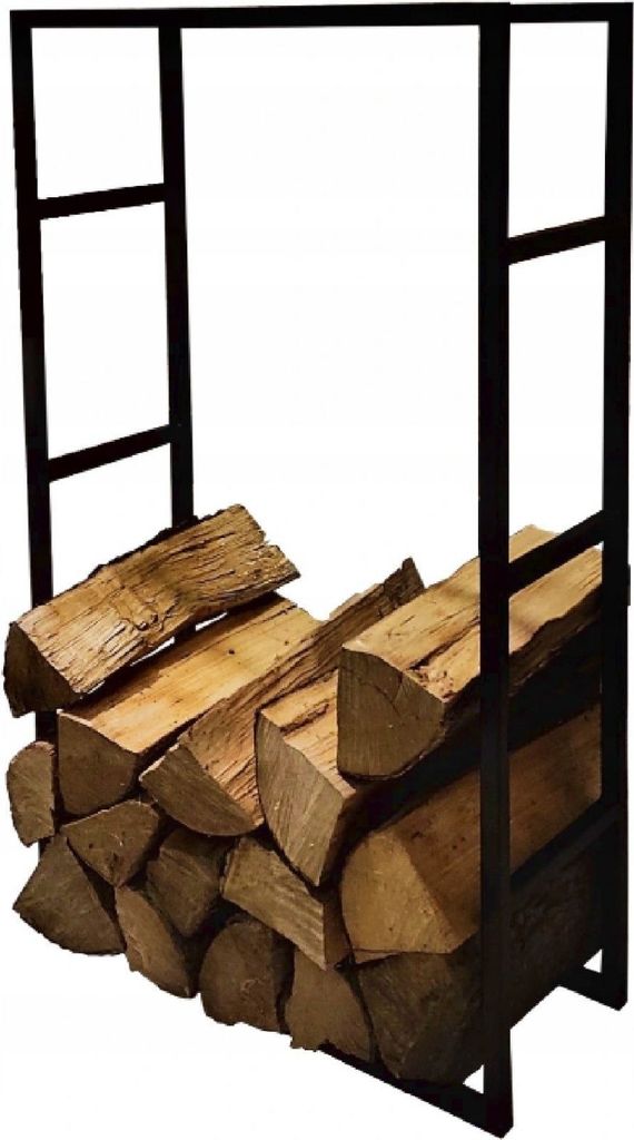 A black metal firewood rack filled with logs.