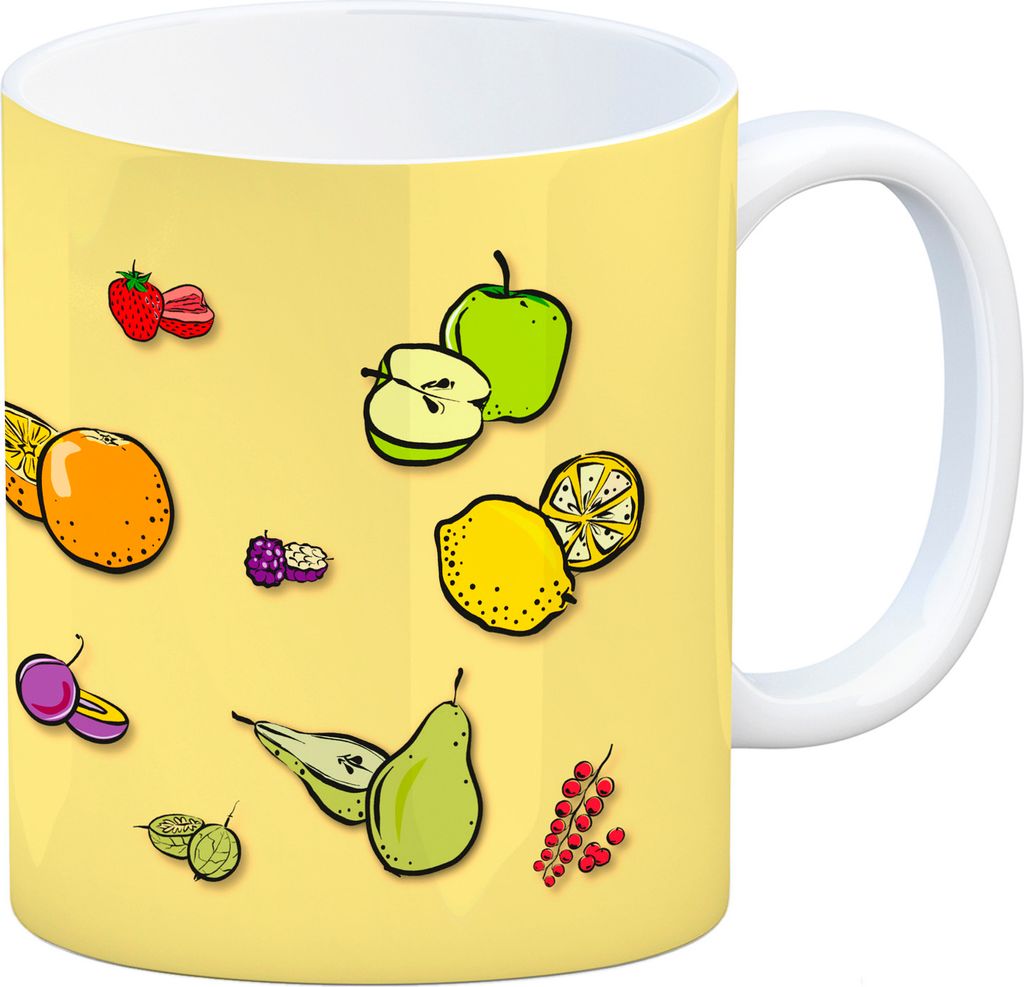 Kaffeebecher in gelb zum Thema Obst mit verschiedenen Früchten