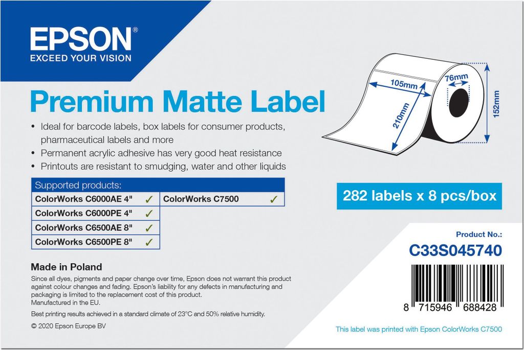 Epson Premium - Matt - permanenter Acrylklebstoff - hochweiß - 105 x 210 mm 2256 Etikett(en) (8 Rolle(n)