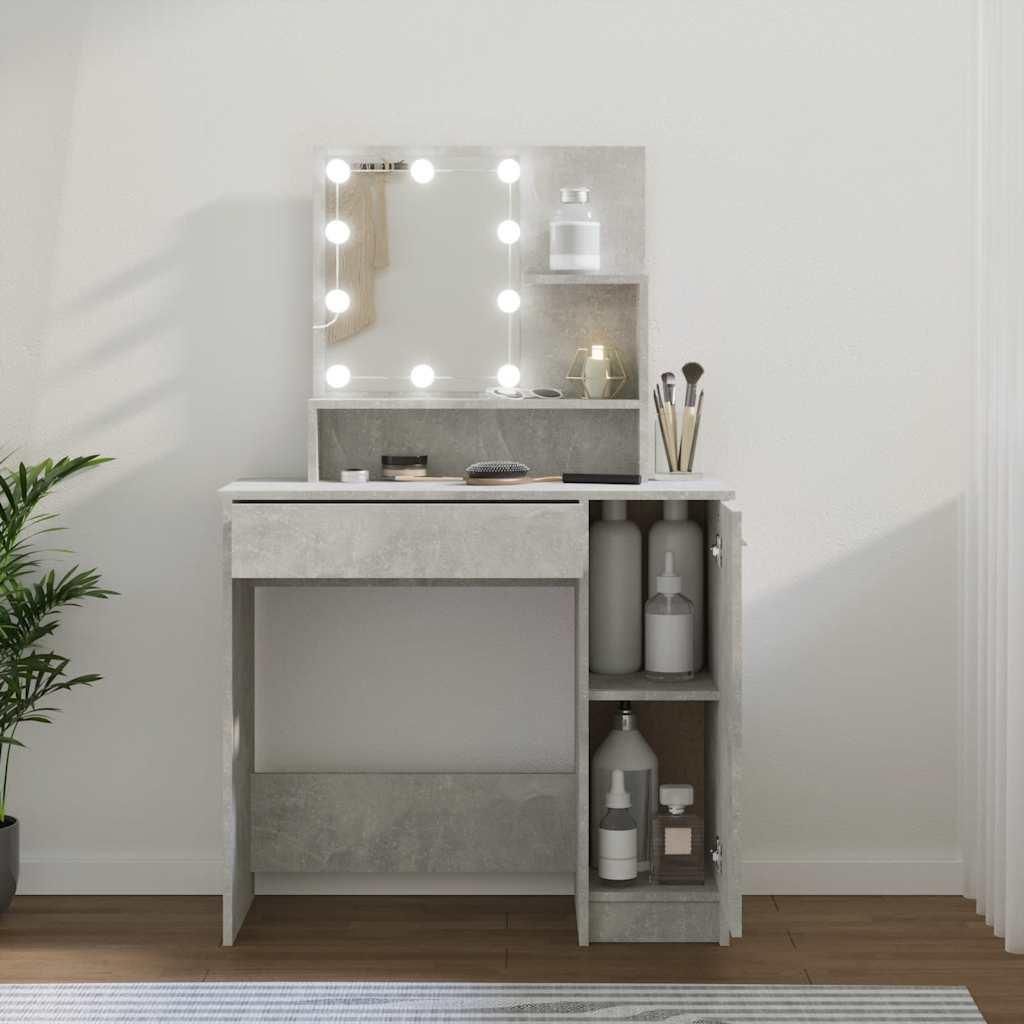 A makeup vanity with a lighted mirror and storage shelves.
