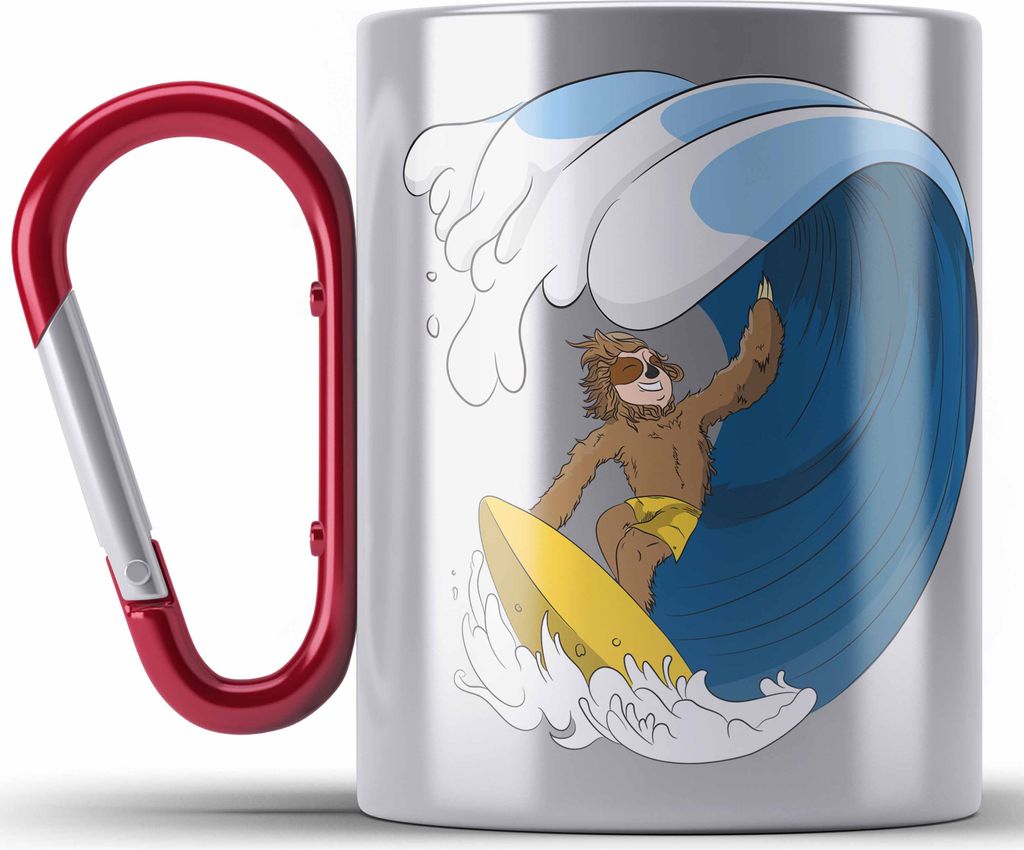 Trendation - Coole Faultier Edelstahl Tasse Karabiner Geschenk Welle Geschenkidee Mädchen Jungs Coole Grafik (Rot)