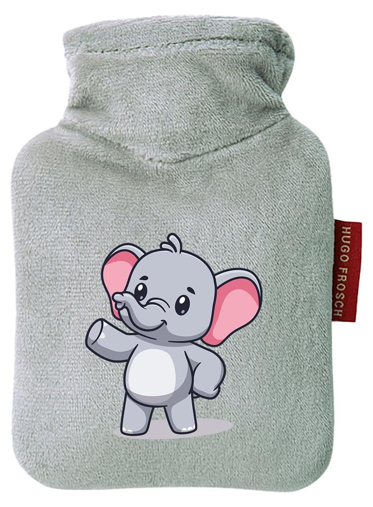 Huuraa Mini-Wärmflasche Elefant Comic 0,2 Liter Grey Mini Veloursbezug Taschenwärmer Geschenkidee