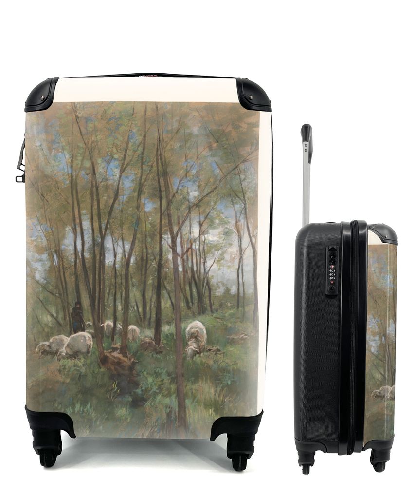 MuchoWow Koffer Handgepäck Trolley Rollkoffer Kleine Reisekoffer mit 4 Rollen - Schafherde in einem Wald - Gemälde von Anton Mauve - Cabin Size...