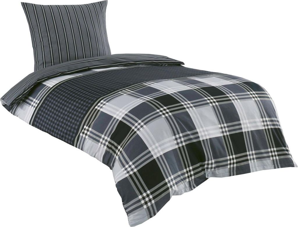 Baumwolle Renforce Bettwäsche 155x200 + 80x80 grau schwarz kariert Wendebettwäsche Ramos