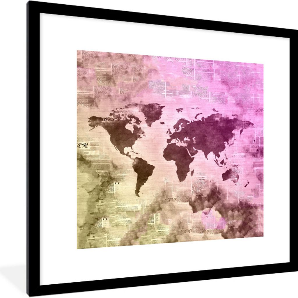 MuchoWow MuchoWow Gerahmtes Poster Weltkarte - Farben - Zeitungen 40x40 cm - Poster mit zchwarzem Bilderrahmen - Poster - Plakat im Rahmen