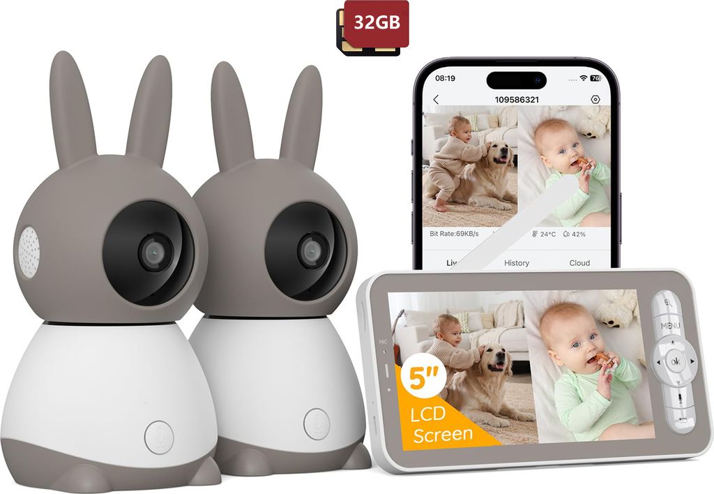 2K-Babyphone mit 2 Kameras PTZ 355°, 5-Zoll-Babyphone mit automatischer Verfolgung, Schreierkennung, Zwei-Wege-Sprache, 32GB