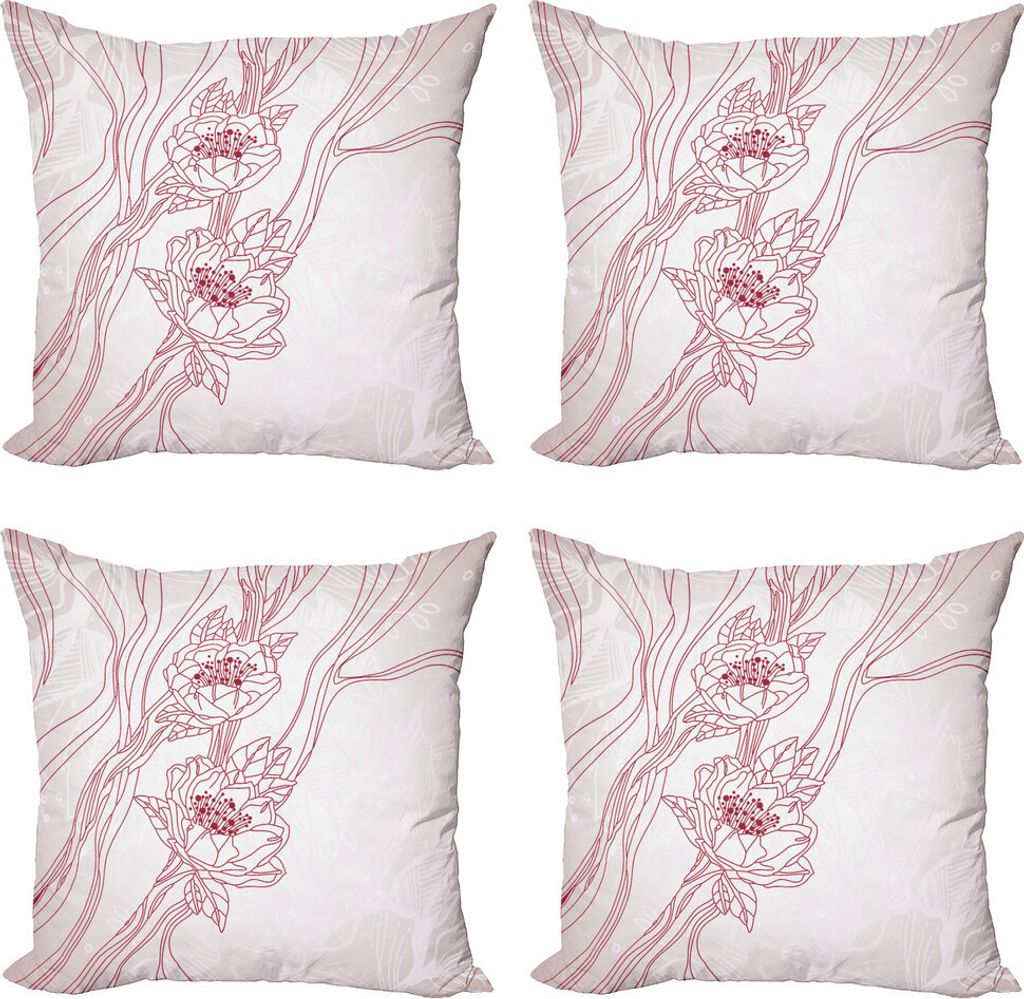 ABAKUHAUS Mandelblüte Kissenbezug Set (4 Stück), Thema Hochzeit Streifen, Moderner Doppelseitiger Digitaldruck, 45 cm x 45 cm, Burgunder-Baby-Rosa