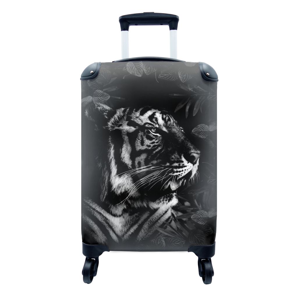 MuchoWow Koffer Handgepäck Trolley Rollkoffer Kleine Reisekoffer mit 4 Rollen - Brüllender Tiger zwischen den Blättern - schwarz und weiß - C...
