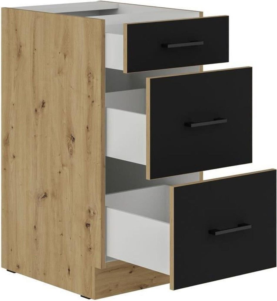 Topfschrank mit 3 Schubladen, 40 x 52 x 82 cm, Eiche natur / Mattschwarz, Arbeitsplatte nicht im Lieferumfang enthalten