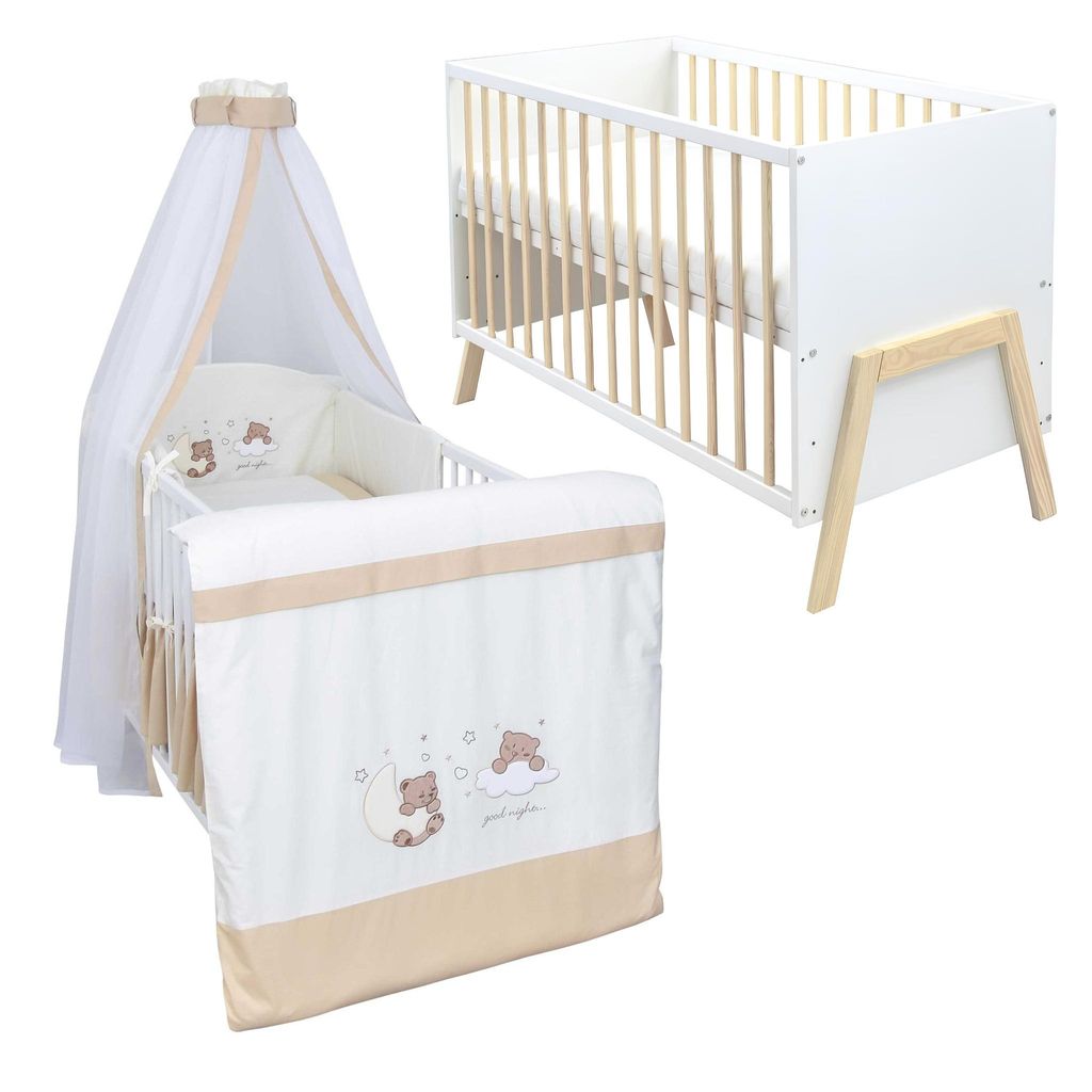 Babybett Kinderbett Gitterbett Juna 60x120 Weiß Schutzgitter Matratze Bettwäsche Set 10tlg Traumland Beige