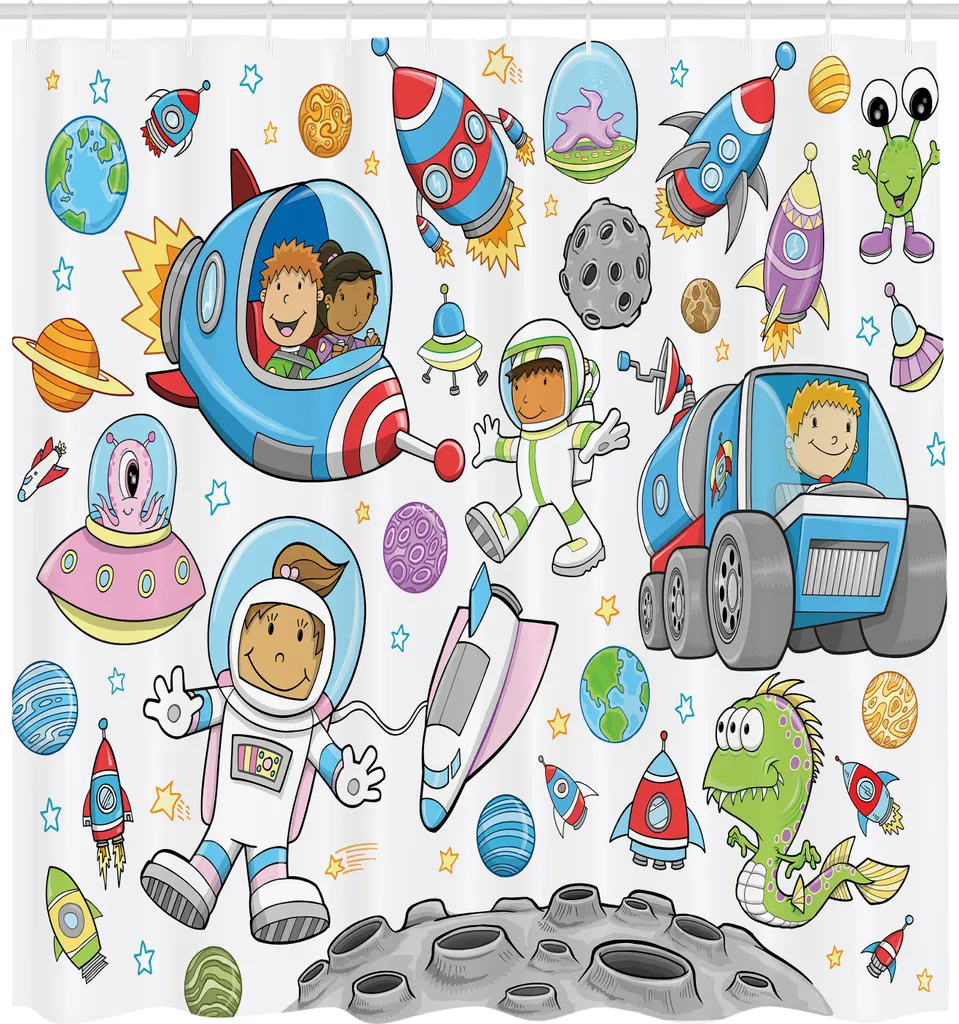 Rideau de Douche en Tissu pour Enfant Thème Espace et Fusée 175x240cm