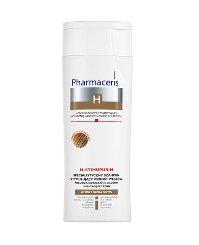 A white bottle of Pharmaceris H-Stimupurin shampoo against hair loss.