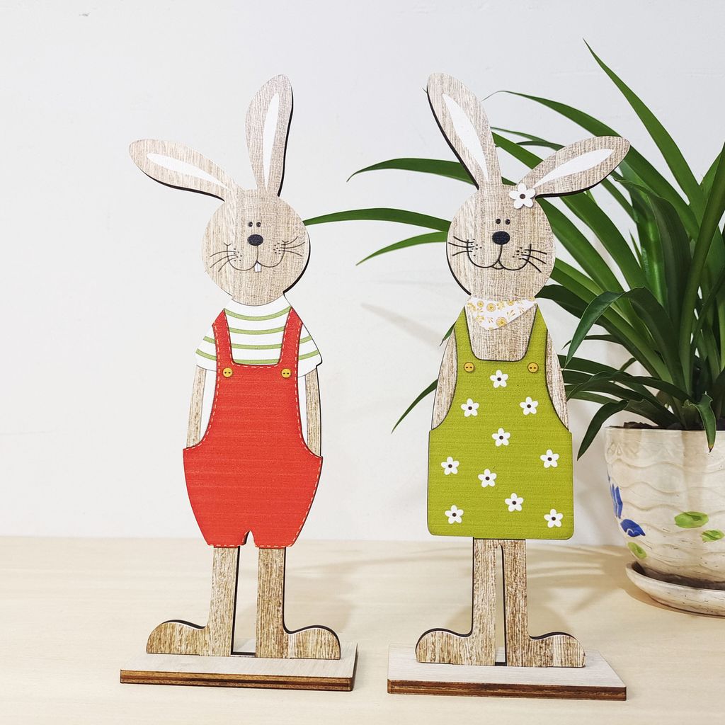 2 Stück Osterhasen Holz verzierungen niedlichen Cartoon Kaninchen Holzhandwerk für Ostern Home Party Desktop-Dekoration, 24,8 x 7 cm