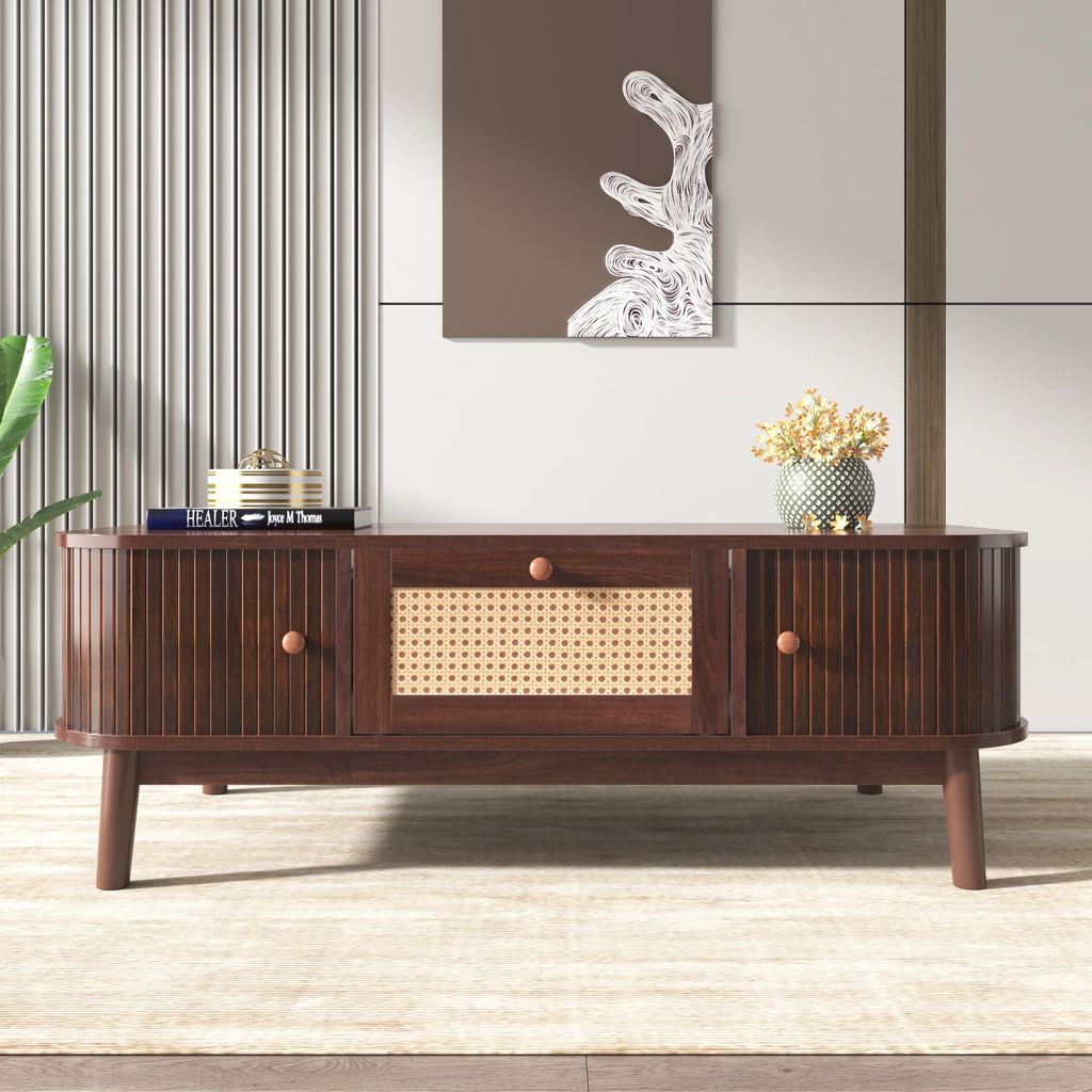 Couchtisch - Rattan-Kaffeetisch, Schubladen mit Rattan und Schiebetüren mit Massivholzlatten, Massivholzbeine, Natürlicher Landhausstil.