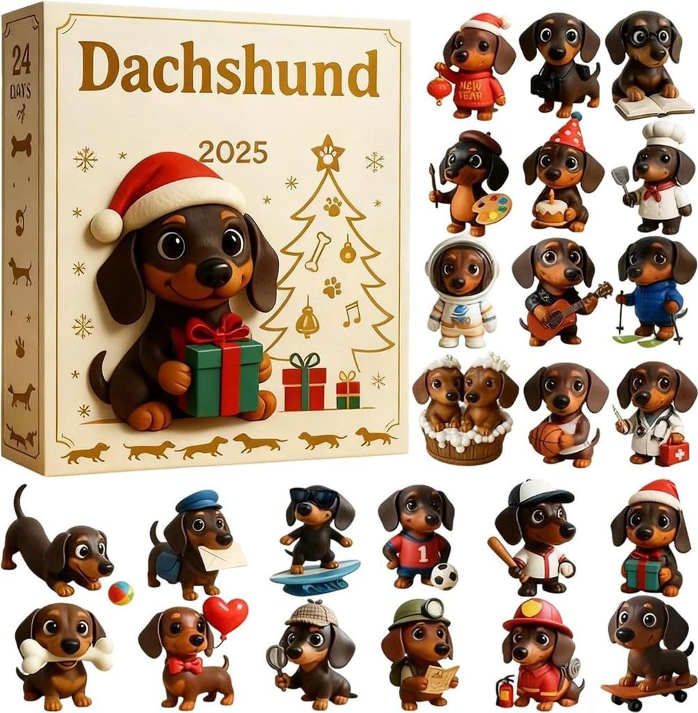 Adventskalender Hund Dackel Design, 24-teilig mit süßen Anhängern, Weihnachtsdekoration für Tierliebhaber