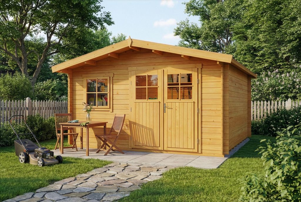 Gartenhaus Valeria-28 mit Fußboden aus Holz, Gerätehaus 438x427, 14,3 m², 28 mm Wandstärke, Holzhaus in Blockbohlen-Bauweise inkl. Fenster und ...