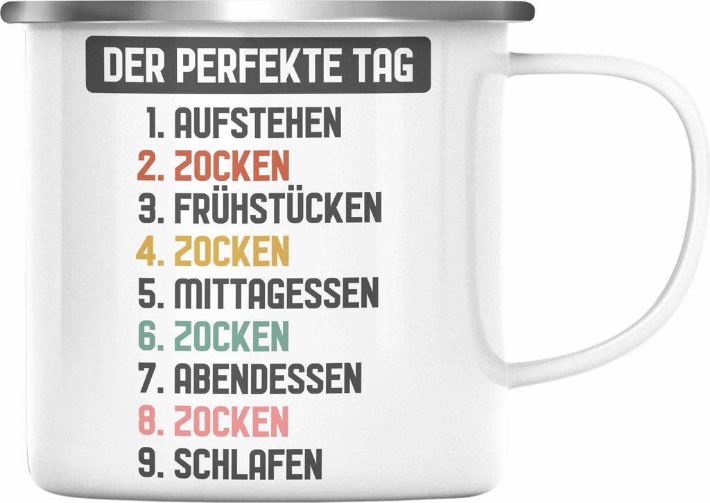 Trendation - Zocker Gamer Emaille Tasse mit Spruch Geschenk Junge Jungs Gaming Emaille Emaille Tasse Der Perfekte Tag (Silber)
