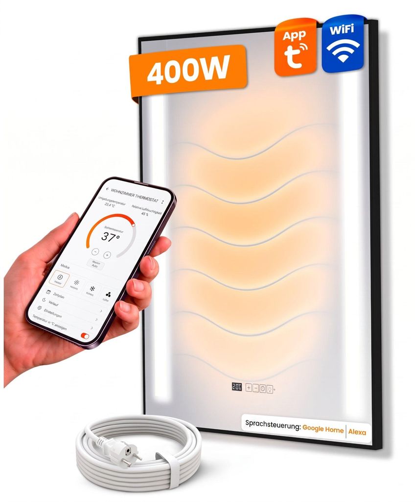 Dalsys Infrarotheizung Spiegel 80x60cm 400W mit schwarzem Produktbild 