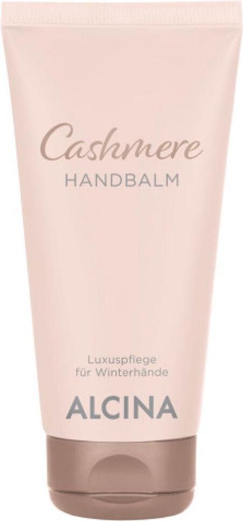 A pink tube of hand balm with text on it, set against a white background.