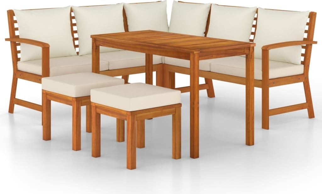 A wooden garden dining set with cream cushions, including a sectional sofa and two stools, arranged around a coffee table.