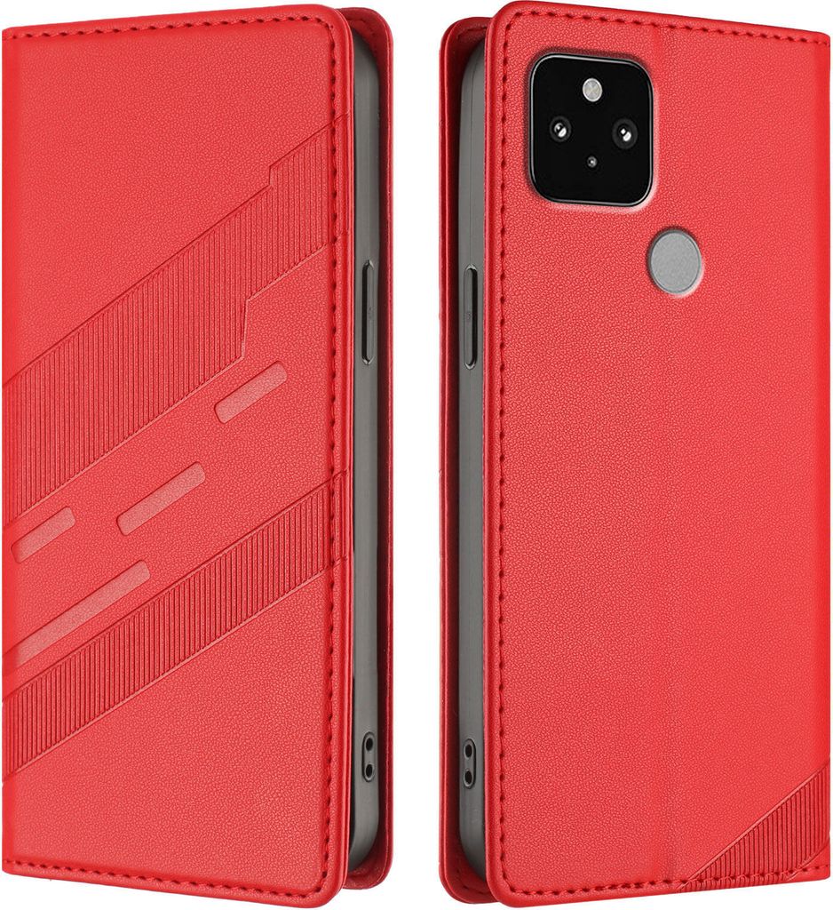 Hülle für Google Pixel 5, Kunstleder Brieftaschen Handyhülle mit Kartenfach und Standfunktion Rot