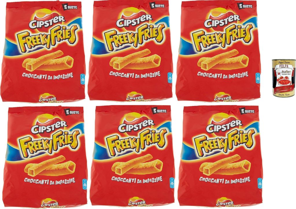 Cipster Freeky Fries, Chips di Patate, Kartoffelchips, einzigartige Form und knusprig, verrückt zu werden, 6x 125G + Italian Gourmet polpa 400g
