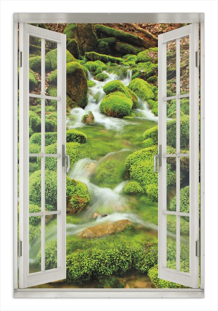 Wallario Wandbild mit Fenster-Illusion: Moosiger Bach, Größe: 61 x 91,5 cm, Poster mit rahmenlosen Bildhalter
