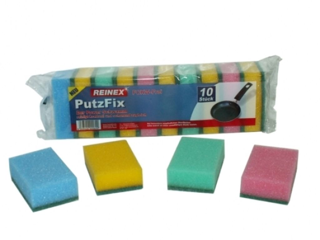 REINEX Scheuerschwamm Putzfix, 10er Pack, mit rauer und weicher Schwammseite, farblich sortiert