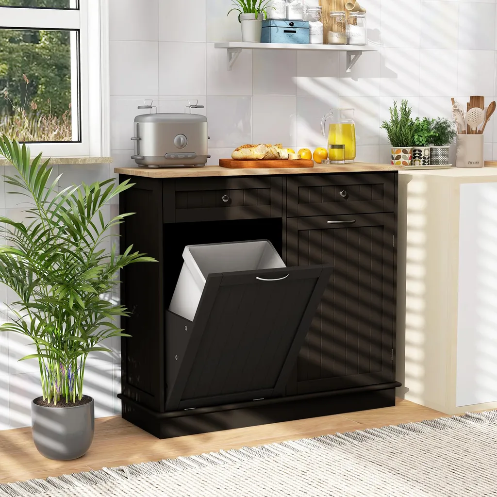 COSTWAY Mobile Cucina Marrone con Portarifiuti 42L e Piano in Legno