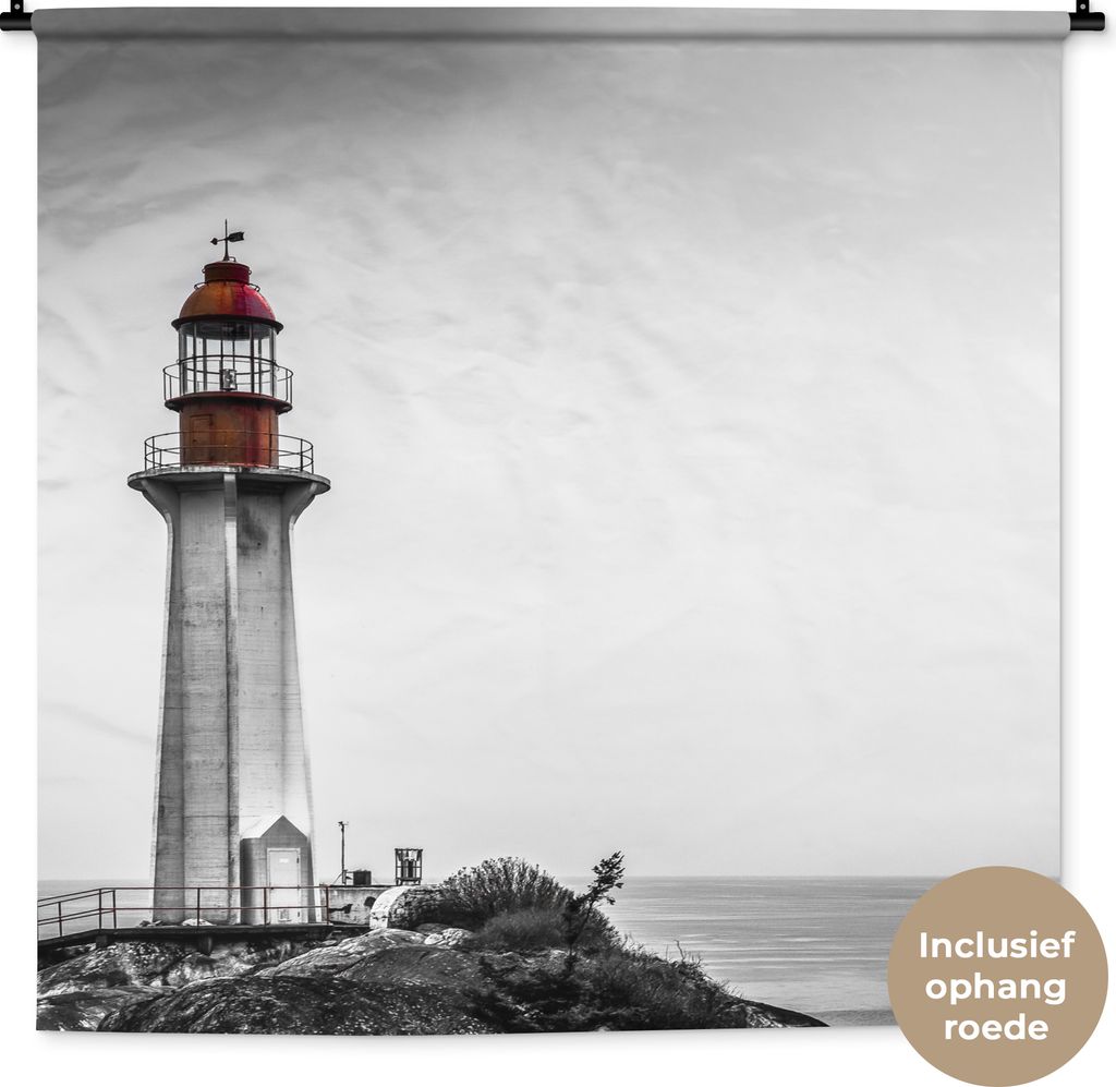 MuchoWow Wandteppich Wandbehang Schwarz-Weiß-Foto eines Leuchtturms im Westen von Vancouver 150x150 cm Tapisserie Dekoration Wandtuch - Wohnacce...