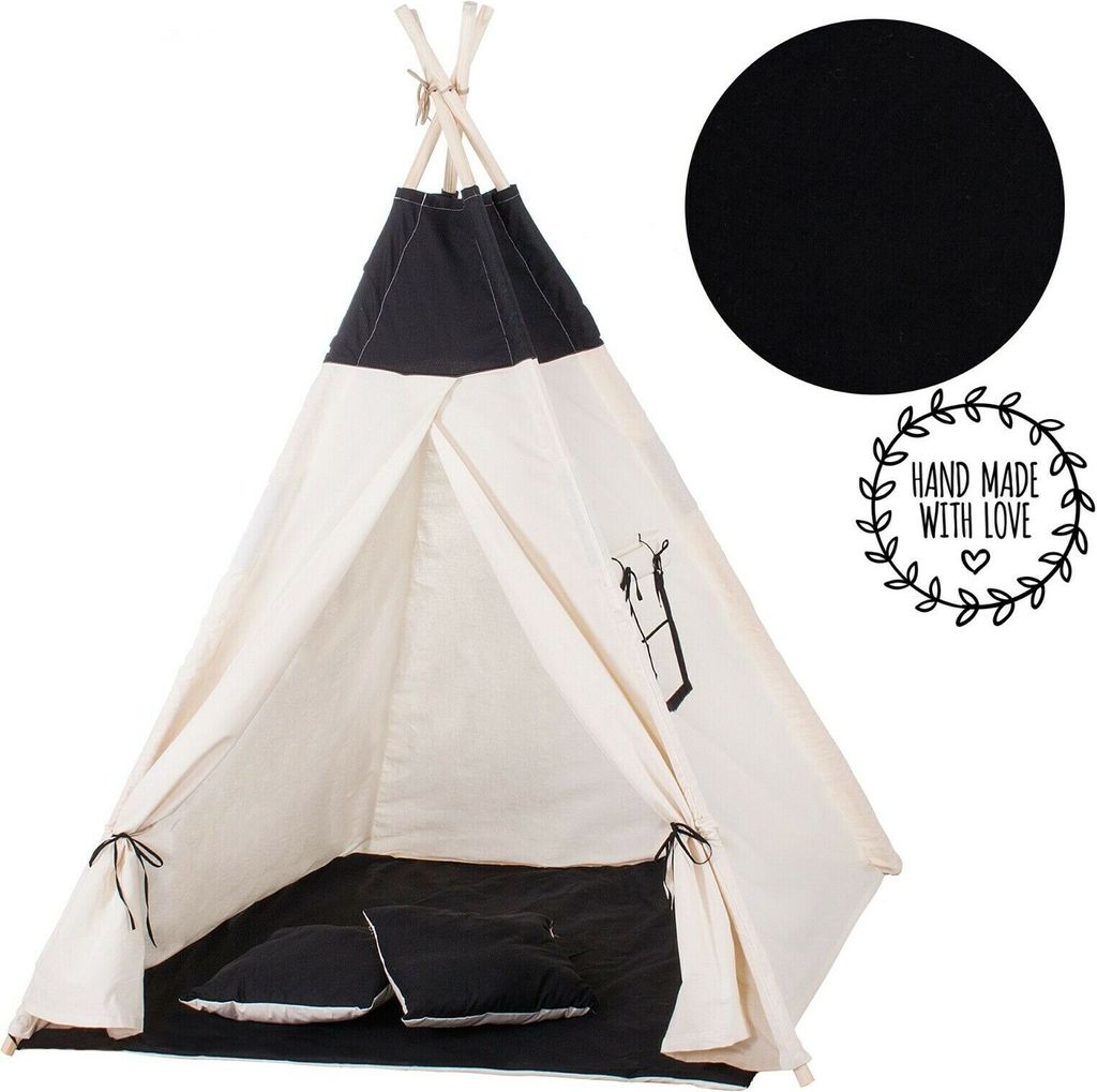 Tipi Zelt Kinder Spielzelt Baumwolle 2 Kissen Kinderzelt 160x120x100 cm - Schwarz