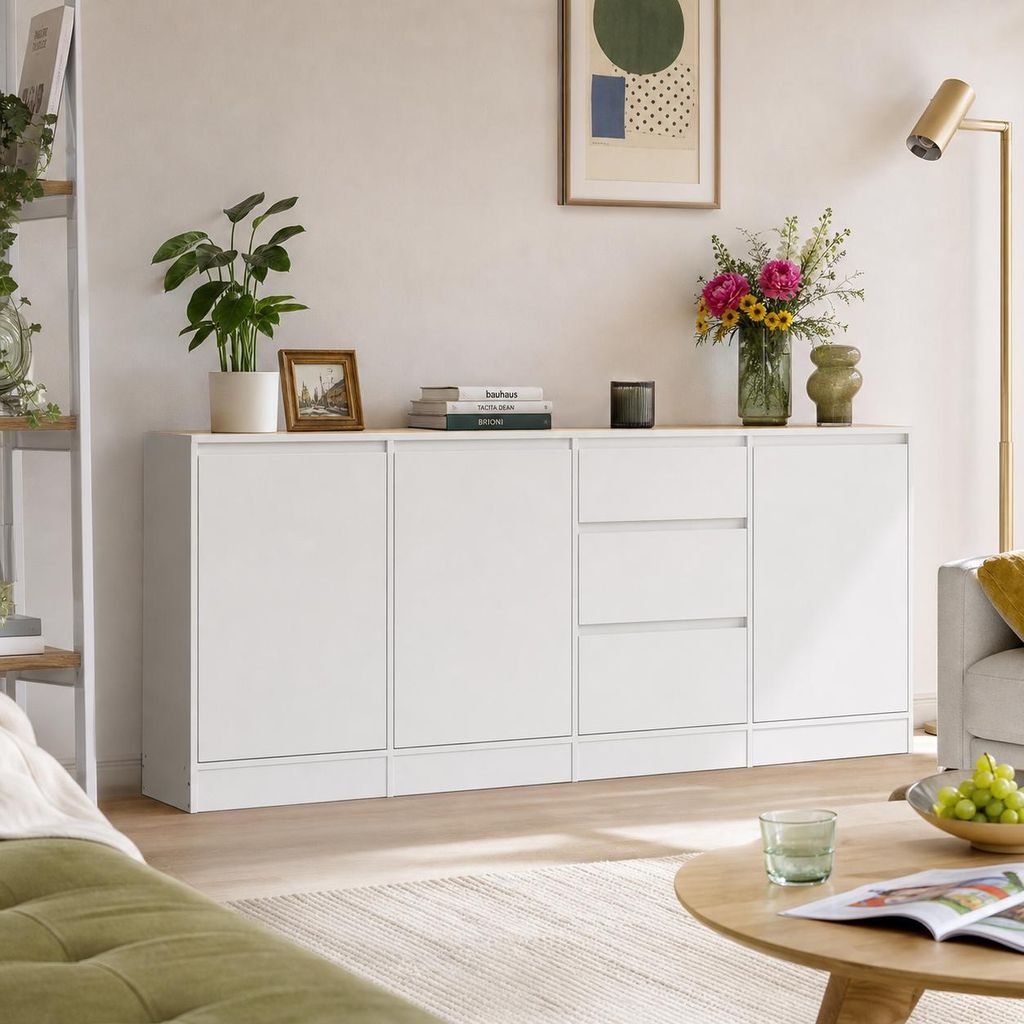 Sideboard mit 3-Türe und 3 Schubladen, Aufbewahrungsschrank mit Regalen, Kommode, Geschirrschrank, MDF, Weiß, 81 × 180 × 35 cm