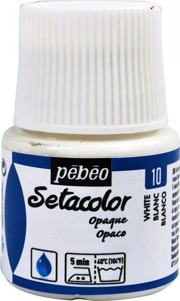 A small bottle of white textile paint with a white cap.