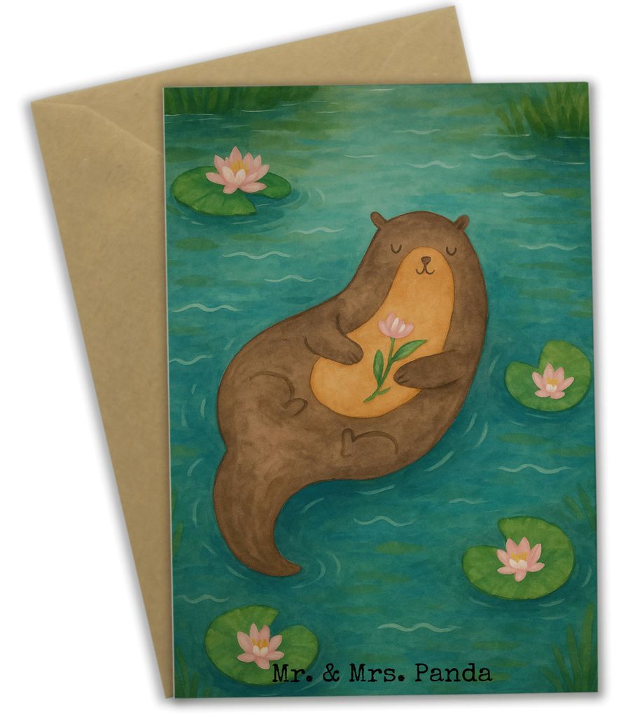 Mr. & Mrs. Panda Grußkarte Otter Seerose Design - Weiß - Geschenk, glücklich, Fluss, Seeotter, vatertagskarte, neujahrskarte, Wasser, osterkarte...